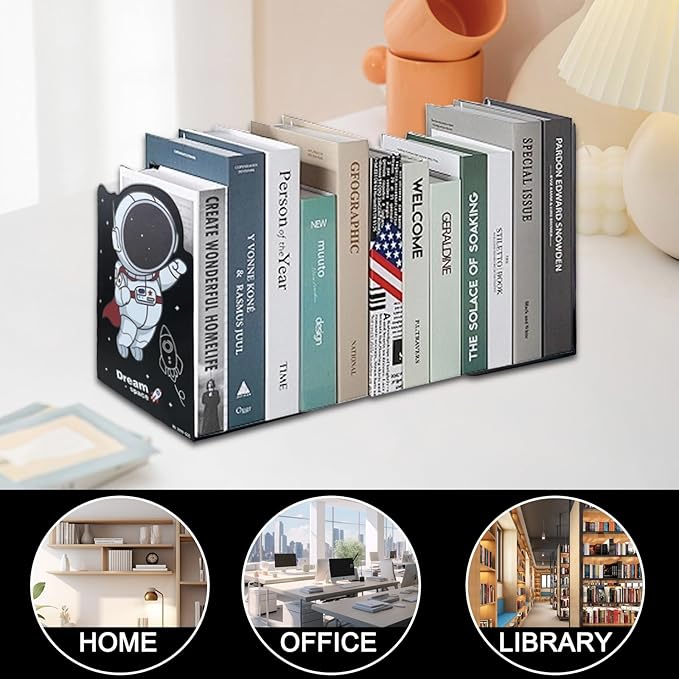 2 Pack Metal Bookends,5.3"x3.9"x8"Non-Slip Black Cartoon Astronauts Book Stopper,Heavy Duty Premium Space-Themed Decorative Book End, Supports for Kids Children Shelves,Room,School,Learning Gifts