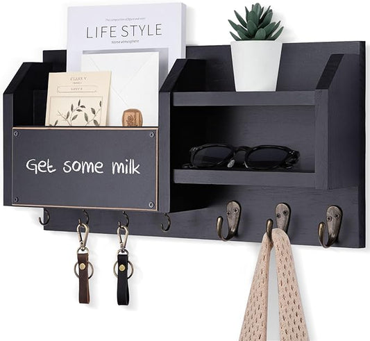 Mail and Key Holder – Wall Mount Key Hanger with Shelf and 7 Metal Hooks – Decorative Natural Paulownia Wood Entryway Organizer with Mounting Hardware (16.5”W x 8.7”H x 3.5”D) (Black)
