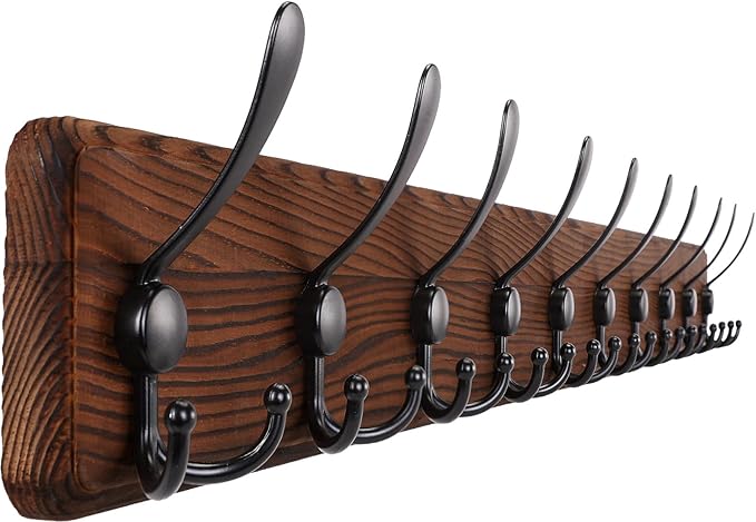 Rustic 38.6" Large Coat Rack Wall Mount, Long Wood Coat Hooks with 10 Triple Hooks, Heavy Duty Wooden Coat Hanger Wall Mount for Entryway, Farmhouse Hanging Jackets, Coats, Hats, Bags,Towel