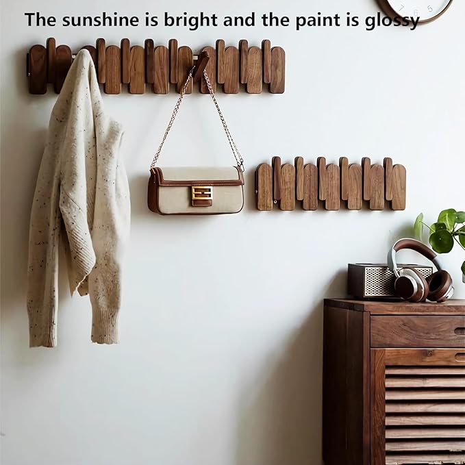 Wall Mounted Piano Key Hanger | Flip Style Hook | Entrance Wall Art Hook, Made of Oak Wood (3 Times Painted, 4 Times Polished) (Arc Walnut-Beech, 8Hooks)