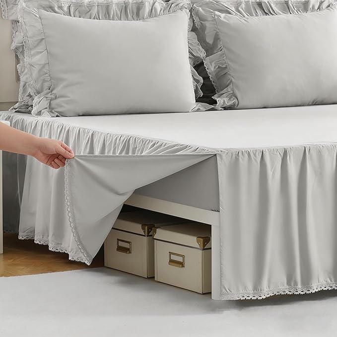 Vlocemon Queen Size 14 inch Drop Light Grey Dust Ruffle, 100% Lightweight Cotton Ruffled Bed Skirt, French Coutry Style, Lace Ruffled Bed Skirt with Split Corners