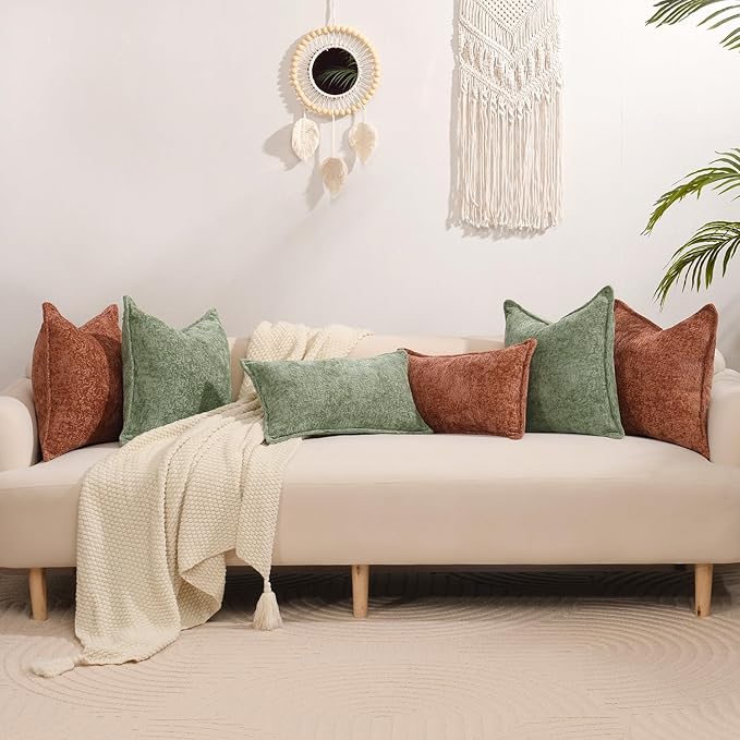DEZENE Pack of 2 Sage Green Christmas Decorative Throw Pillow Covers 20x20 Cozy Soft Chenille Accent Vintage Square Couch Pillow Covers for Home Decor Bed Sofa Living Room