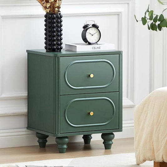 2 Drawer Fluted Nightstand, Mid Century Modern Farmhouse Night Stand Small End Table Bedside Table for Bedroom, Green
