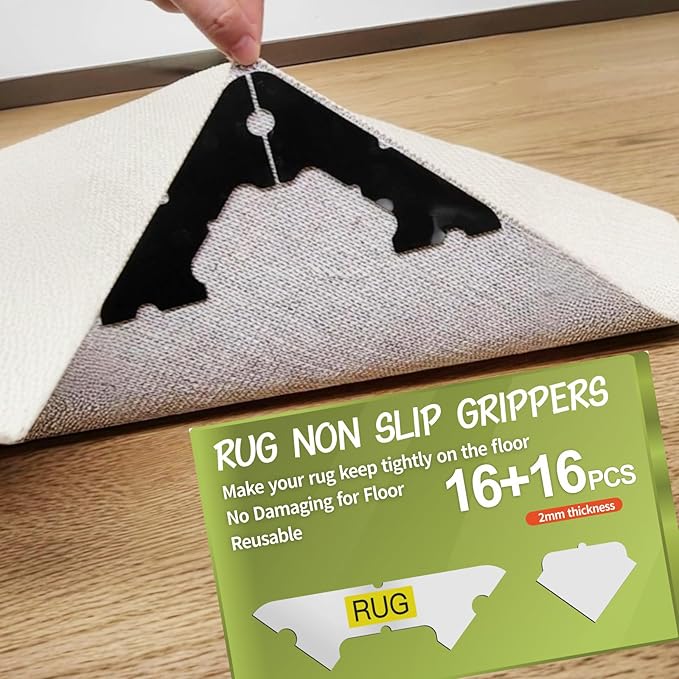 32 PCS Carpet Tape,Non Slip Carpet Pads for Area Rugs on Hardwood Floors,Laminate,Tile,LVP Floors,Reusable and Removable Rug Corner Pads with No Residue