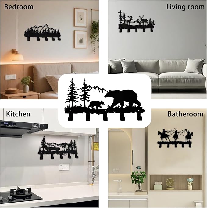 Metal Bear Coat Hooks Wall Art Decoration, Clothes Hangers and Key Holders, Metal Clothes Racks and Backpack Hooks - Animal Themed Hooks Decoration for Storage, Living Room, Office, Hallway
