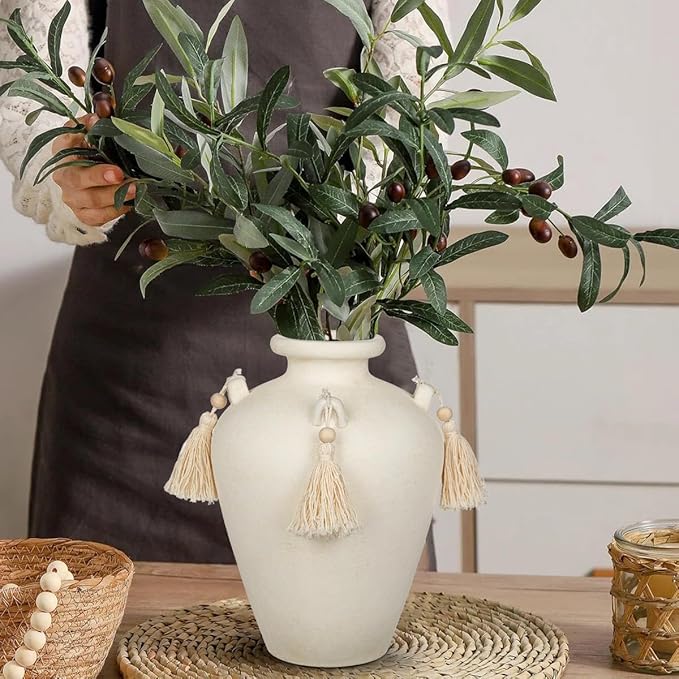 Large Decorative Ceramic Vase with Tassels, 9.4" White Boho Flower Vase with Handles, Textured Rustic Farmhouse Vases for Home Decor, Table Centerpiece, Living Room, Entryway, Wedding, Party Decor