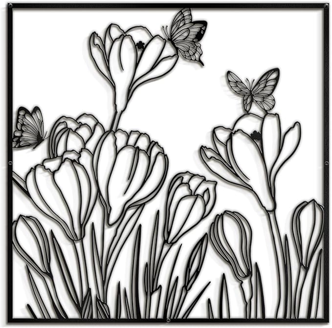 SIGNLEADER Metal Wall Art Decor Butterflies and Wildflowers Minimalist Modern Abstract Wall Sculpture Hangings Home Decoration for Living Room, Bedroom, Bathroom, Kitchen, Outdoor - 18" Black