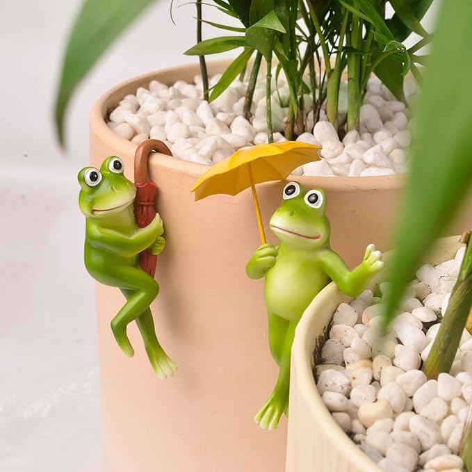 Miniature Frog Figurines Plant Decorations for Pots, 2Pcs Frog Statue Planter Hugger for Flower Yard Lawn Ornament