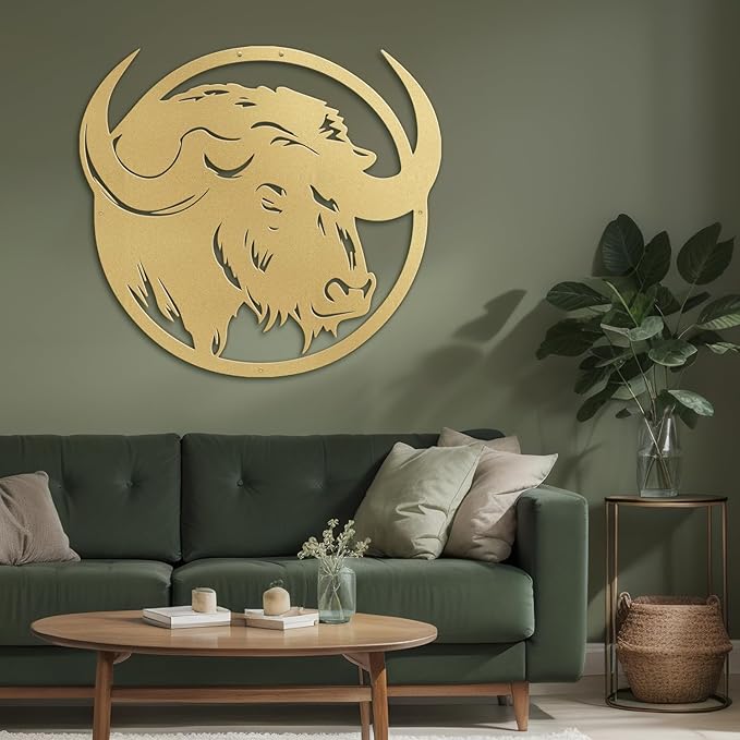 SIGNLEADER Metal Wall Art Decor Majestic Buffalo Circular Frame Minimalist Modern Abstract Wall Sculpture Hangings Home Decoration for Living Room, Bedroom, Bathroom, Kitchen, Outdoor - 18" Gold