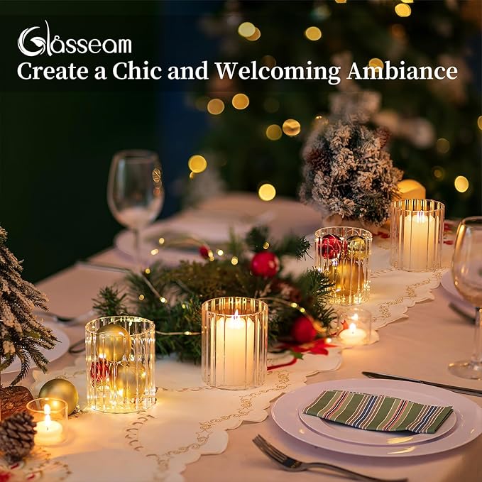 Glasseam Glass Cylinder Vases for Centerpieces: Clear Ribbed Flower Vases for Pillar Candle - 6Pcs Modern Hurricane Floating Candle Holder for Table Wedding Centerpieces Living Room Decorations