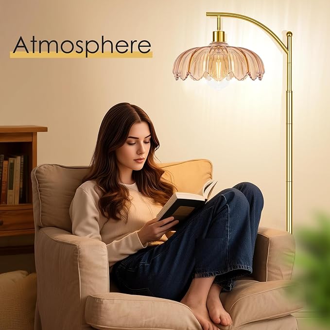 gernehop Gold Floor Lamp for Living Room with Remote,Unique Vintage Standing Tall Lamp,Mid Century Modern Floor Lamps Arc Glass Floor Lamps for Office Corner