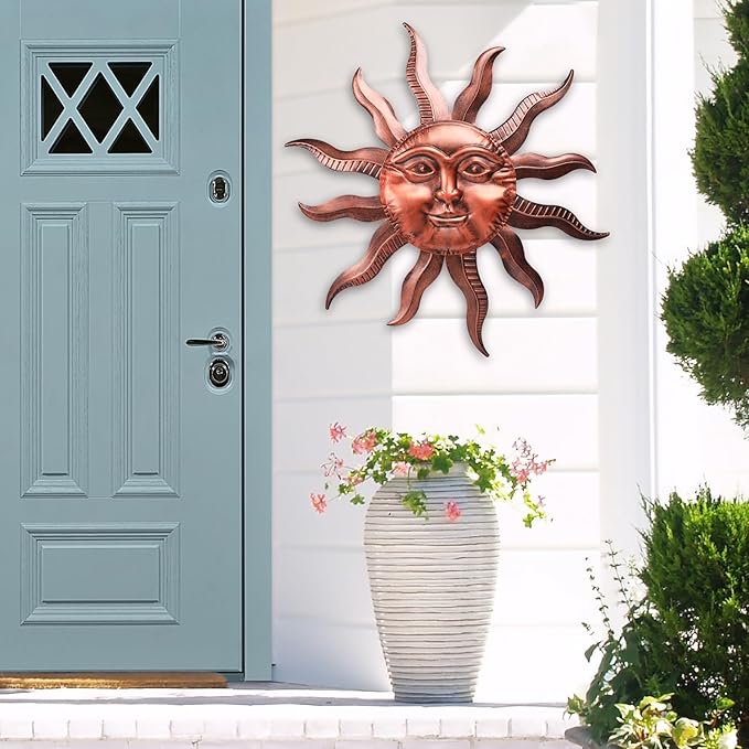 VCUTEKA 27" Sun Metal Wall Art Outdoor Decor Moon Wall Decoration Metal Wall Sculpture Hanging Garden Wall Art Wall Sculpture for Indoor Outdoor Patio Fence Decoration Brown