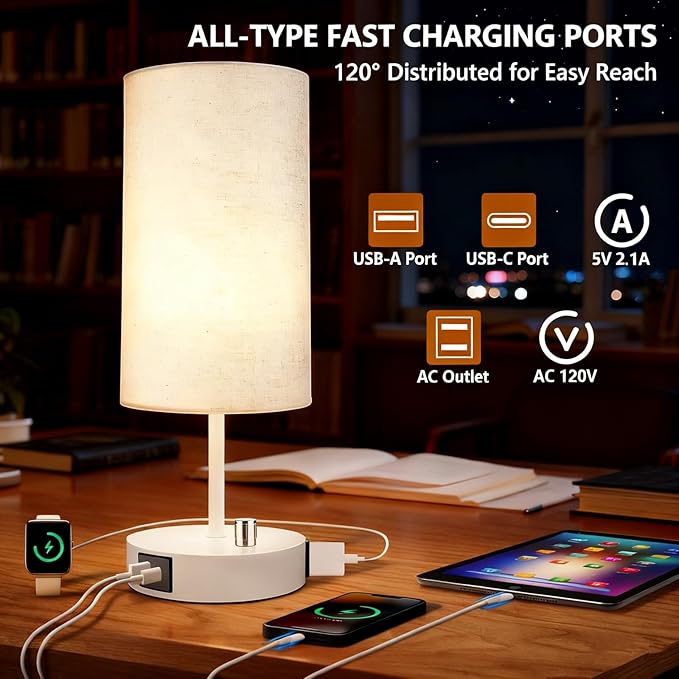 HiBay 17.75" Dimmable Bedside Table Lamp with Charging Station - 2 USB Ports & AC Outlet, Modern White Nightstand Light with Round Fabric Shade for Bedroom Living Room Office, Bulb Included