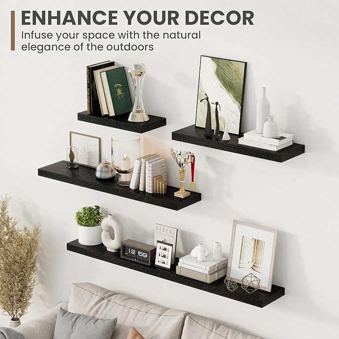 55 Inch Floating Shelves, 8 Inch Deep Floating Shelves for Wall, Hanging Shelf with Invisible Brackets, Deep Shelves for Bathroom, Bedroom, Living Room, Black, Set of 2