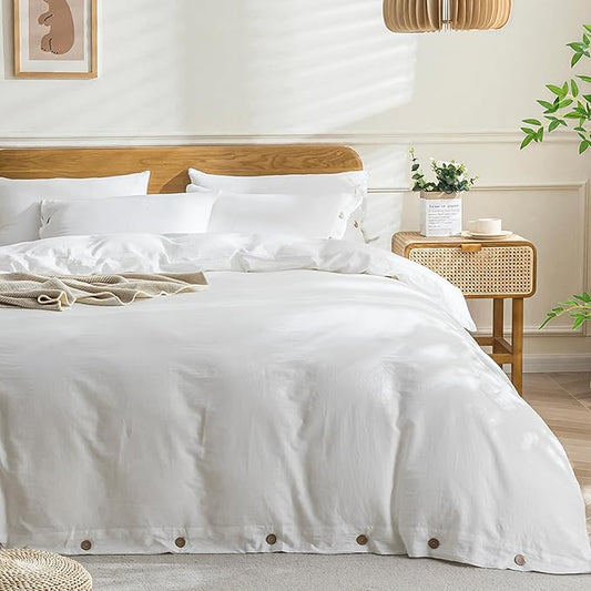 JELLYMONI Cotton Duvet Cover Twin Size - Bright White Comforter Cover with Button 100% Washed Cotton 2PCS Breathable Soft Solid Bedding Set Duvet Cover 68×90in & 1 Pillowcase (NO Comforter)
