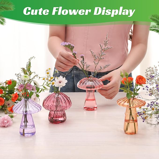 Mushroom Glass Vases for Indoor Plants, Set of 10 Colored Plant Propagation Stations, Cute Mini Terrarium, Unique Small Hydroponic Pots for Flowers, Decor Vase Gifts for Women