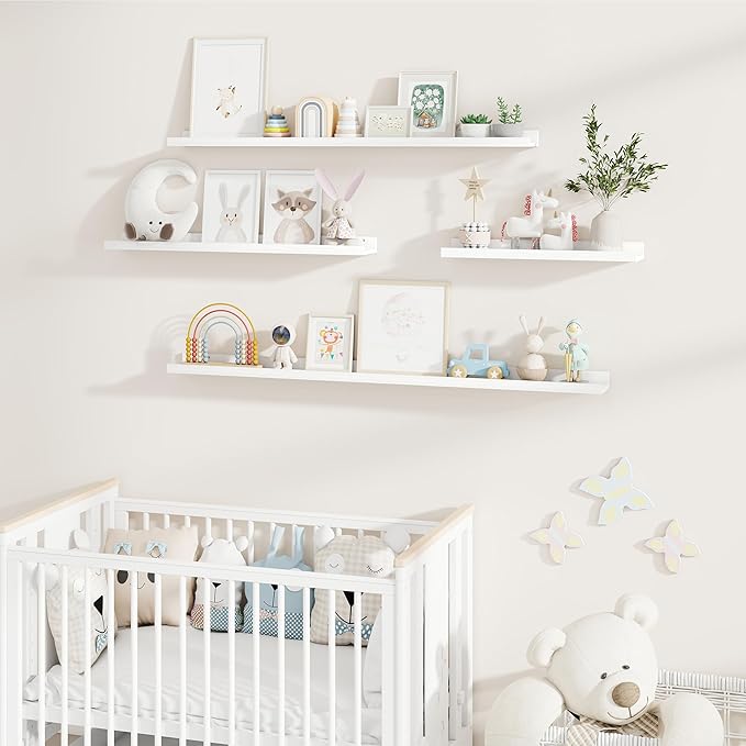 Fun Memories Picture Ledge Shelf, Pine Wood Floating Shelves Set of 2, 24 inch Nursery Book Shelves, Photo Ledge Book Shelves Wall Mounted for Living Room Kids' Room Bedroom - White