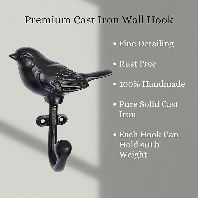 Set of 3 Cast Iron Bird Shape Coat Hooks Wall Art Decor-Bird Shape Hangers and Key Holder-Clothes Rack and Backpack Hanger-Coat Hooks Home Decor for Storage, Living Room, Hallway, Office