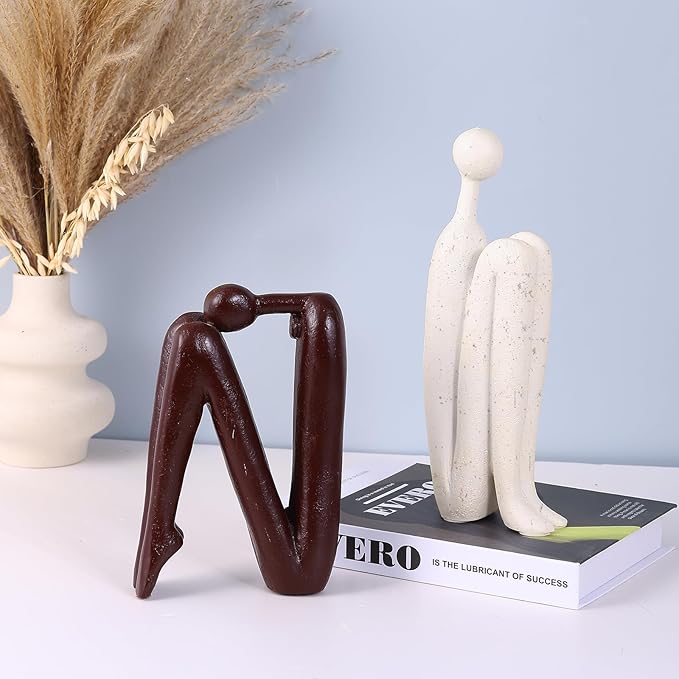 Thinker Statue Decorative Bookends,1 Pair/2 PCS Book Ends for Shelves Unique Modern Book Stopper for Heavy Books, Abstract Aesthetic Decor, Modern Home Bookshelf Decoration (White and Red Brown)