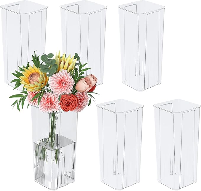 Teyyvn 6 Pack Acrylic Flower Vases for Centerpieces, 9 Inch Clear Plastic Square Vases for Flowers, Home Table Wedding Décor
