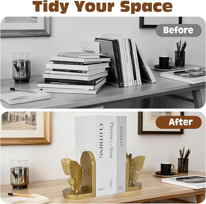 Gold Butterfly Book Ends for Shelves, Butterflies Statue Decorative Bookends for Heavy Books, Resin Book Ends with Non-Slip Felt Base for Home Farmhouse Shelves Office Lover Gift