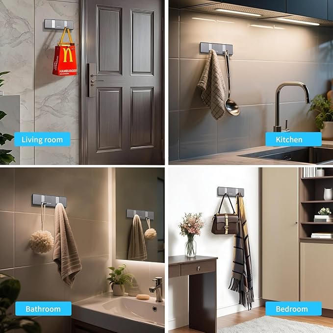 Wall Mount Folding Coat Hooks, Stainless Steel Hook Rack with 2 Foldable Space Saving Hooks Hanger for Entryway Bathroom Living room Bedroom