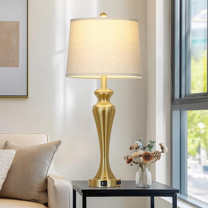 30" Table Lamp Single, 3-Way Dimmable Touch Bedside Lamp with USB A+C Ports and AC Outlet, Tall Living Room Lamps for Side Table, Modern Bedroom Lamp for Nightstand, Gold-1PK