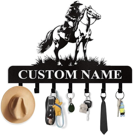 Personalized Cowboy Coat Hooks, Cowboys Horse Key Holder Wall Mount, Clothes Cowboy Hat Rack and Backpack Hanger, Western Wall Decor, Metal Key Rack Organizer for Living Room Bedroom Color01