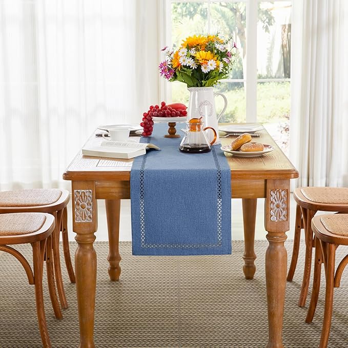 Burlap Style Farmhouse Table Runner, 13 x 108 Inch Blue, Rustic Geometric Hollow Table Runners 108 Inches Long for Dresser Table Everyday Use, 13x108 Inches, Blue