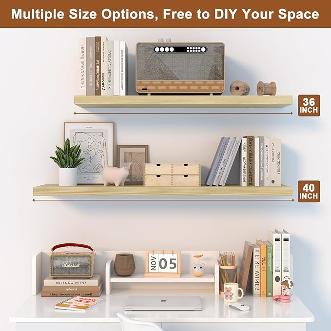 12 Inch Deep Floating Shelves for Wall 3 Pack Floating Shelfs Large Storage Space Wall Decor Display Shelf for Bathroom Living Room Bedroom Kitchen 23.8" W x 12" D x 1.2" H Natural Wood