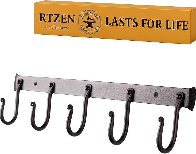 RTZEN Wall Mount Hook Set - Wrought Iron Decorative Rustic Metal Coat Hooks for Hanging - Handcrafted Classic Farmhouse Wall Mounted Black Hooks for Towel Robe or Hat Hanging - 5 Hook Rack