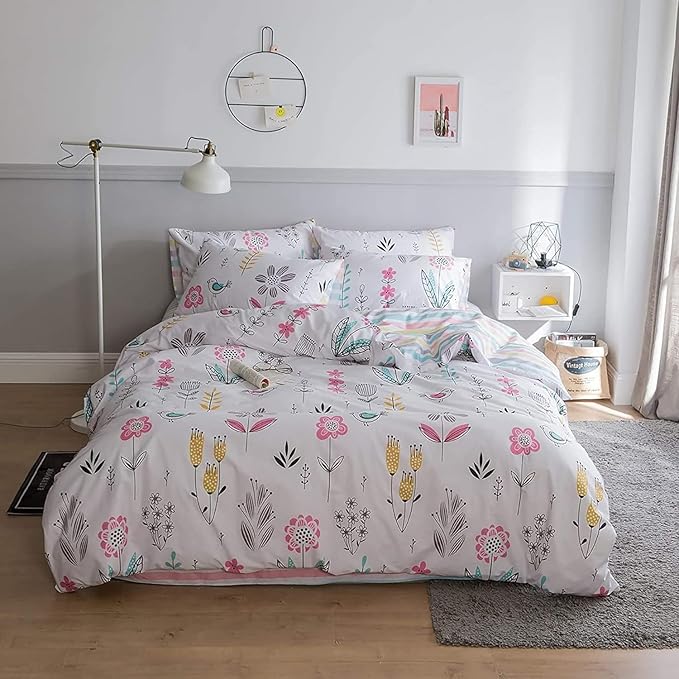 Floral Print Duvet Cover Queen Girls Floral Cotton Comforter Cover Chic Garden Flower Duvet Cover Aesthetic Bedding Sets Reversible Striped Boho Floral Comforter Cover Queen Duvet Cover with Zipper