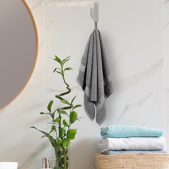 MyGift Wall Mounted Modern Silver Tone Metal Coat Hooks with Wire Saguaro Cactus Matching Shapes for Hanging Hats Coats Towels Leashes Keys, 2 Piece Set