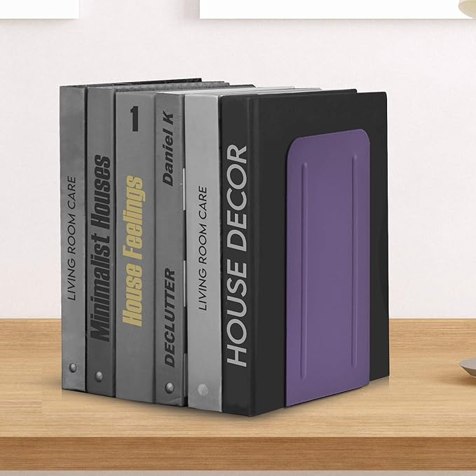 Acrimet Metal Bookends, Jumbo Size 9" H x 4" W x 4-1/2" D, Non-Skid Book Stand for Shelves, Heavy Duty Book Stopper, Purple, 1 Pair