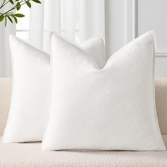 decorUhome Spring Decorative Linen Euro Sham Throw Pillow Covers 26x26 Inch Set of 2 Cream White Pillow Covers with Flange Edges Soft Farmhouse Boho Accent Pillow Cases for Couch Bed Living Room