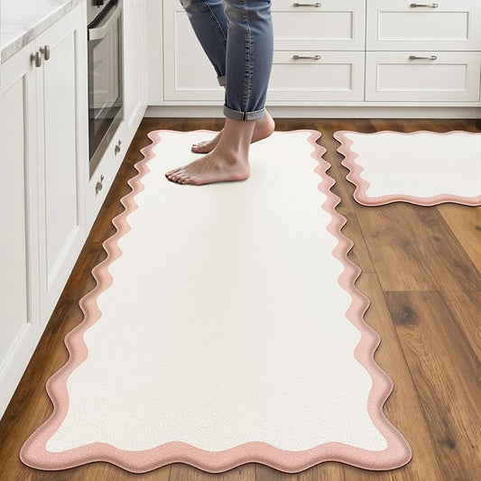 Scalloped Pink Kitchen Mats Rugs Sets of 2 Cushioned Anti Fatigue Floor Mat Waterproof Kitchen Rugs Non Slip Foam Comfort Standing Mat for Sink Laundry