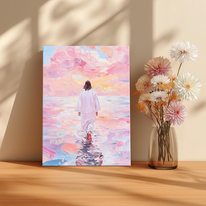 Pink Jesus Walking On Water Wall Art Religious Christian Oil Painting Canvas Wall Decor Religious Savior Poster Aesthetic Pictures for Living Prayer Room Church Bedroom 16x24 in Framed