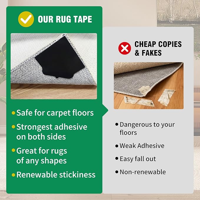24 PCS Non Slip Rug Pads, Carpet Tape and Rug Tape for Hardwood Floors, Extra Thick and Double Sided Adhesive to Secure Area Rugs on Tile and Laminate, No Residue