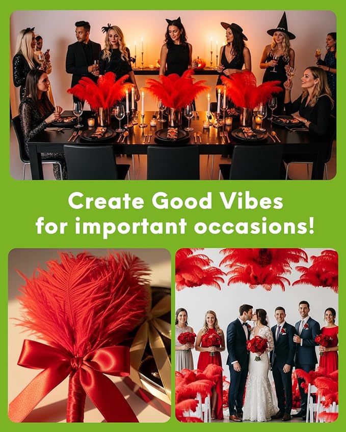 NEWONG 30pcs Red Ostrich Feathers Natural Bulk 11-14inch(28-35cm) Vase Craft Wedding Home Party Centerpieces Christmas Day Decoration