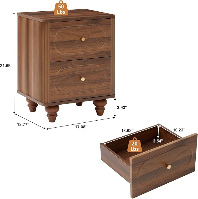 2 Drawer Fluted Nightstand, Mid Century Modern Farmhouse Night Stand Small End Table Bedside Table for Bedroom, Living Room, Walnut