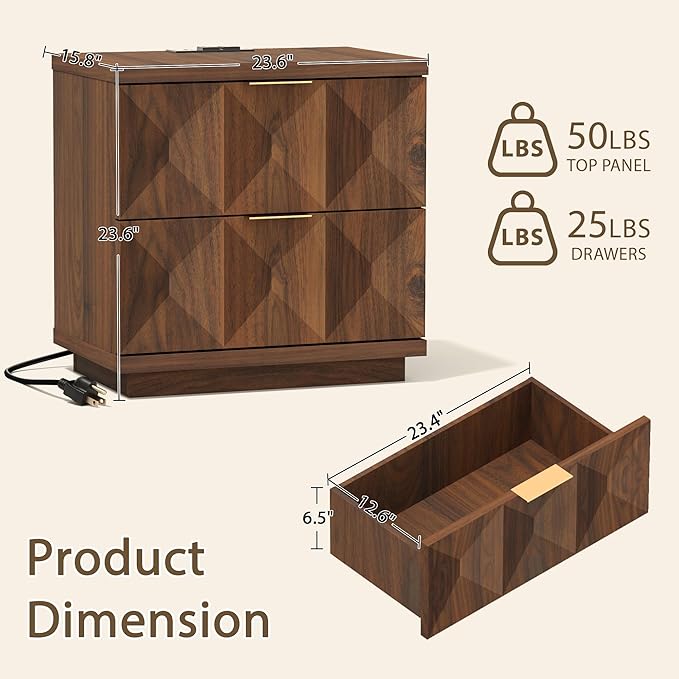 Yechen 23.6" Walnut Nightstand with 20W Faster Charging Station, Modern Bedside Table with 3D Geometric Drawers Front Panel, Wood 2 Drawer Night Stand with Storage, Accent End Table for Bedroom