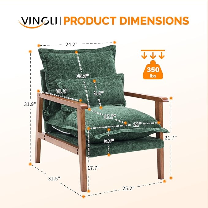 VINGLI Mid-Century Modern Cloud Accent Armchair with Lumbar Pillow, 6.3'' Thick Seat Cushion Comfy Reading Chair with Wooden Armrests，Boho Lounge Chair for Bedroom, Living Room, Chenille, Dark Green