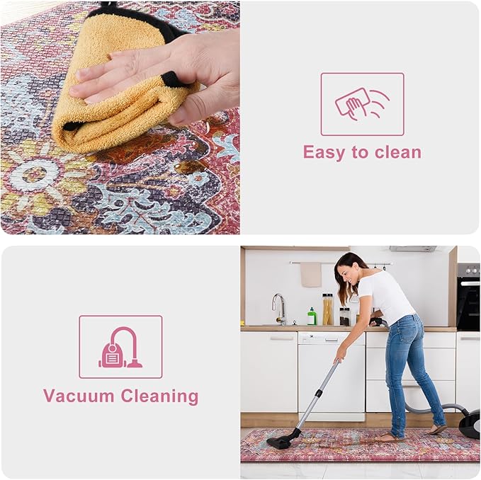 KIMODE Anti Fatigue Kitchen Mat, Cushioned Boho Kitchen Rugs Sets of 2, Non Slip Farmhouse Kitchen Mat for Floor, Waterproof Standing Desk Mat for Laundry, Office, Sink Fuchsia/Multi 17"x59"+17"x29"