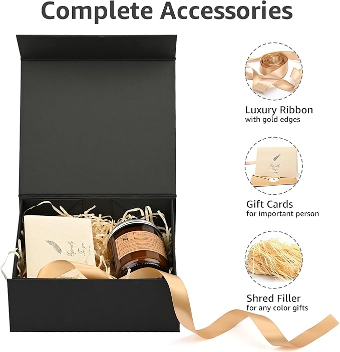 LIFELUM Small Black Gift Box 8 x 7 x 3 inch, Sturdy Gift Box with lid Magnetic Closure for Gift Include Greeting Cards,Ribbon,Shredded Paper Filler for Presents (1 Pcs)