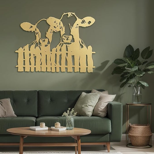 SIGNLEADER Metal Wall Art Decor Two Cows at the Fence Minimalist Modern Abstract Wall Sculpture Hangings Home Decoration for Living Room, Bedroom, Bathroom, Kitchen, Outdoor - 18" Gold