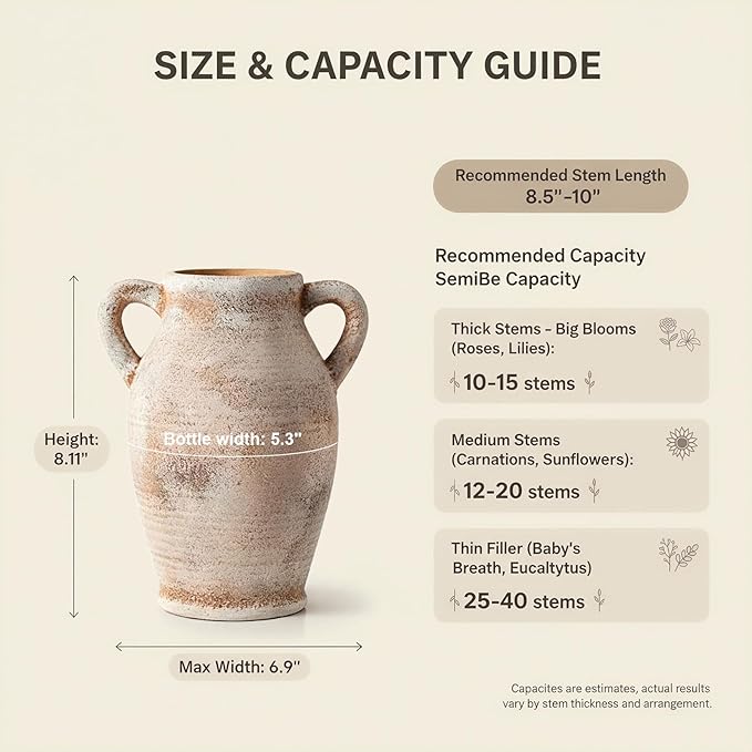 8.1-Inch Ceramic Flower Vase with Handles – Small Terracotta Rustic Farmhouse & Boho Pottery Vase for Table, Shelf, Living Room Decor