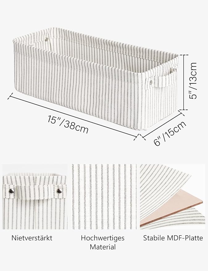 StorageWorks Narrow Storage Bins, Small Basket for Closet and Shelves, Fabric Organizer with Handles, Toilet Paper Storage, Gray and White Stripes, 2-Pack