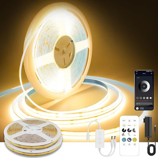 COB LED Strip Lights Warm White,24V Dimmable led Light Strip KIT with Remote and app Control,2700K 50FT/15m 8mm Wide Ra>90 Cuttable Flexible Strip Lights forBedroom,Wardrobe,Cabinet