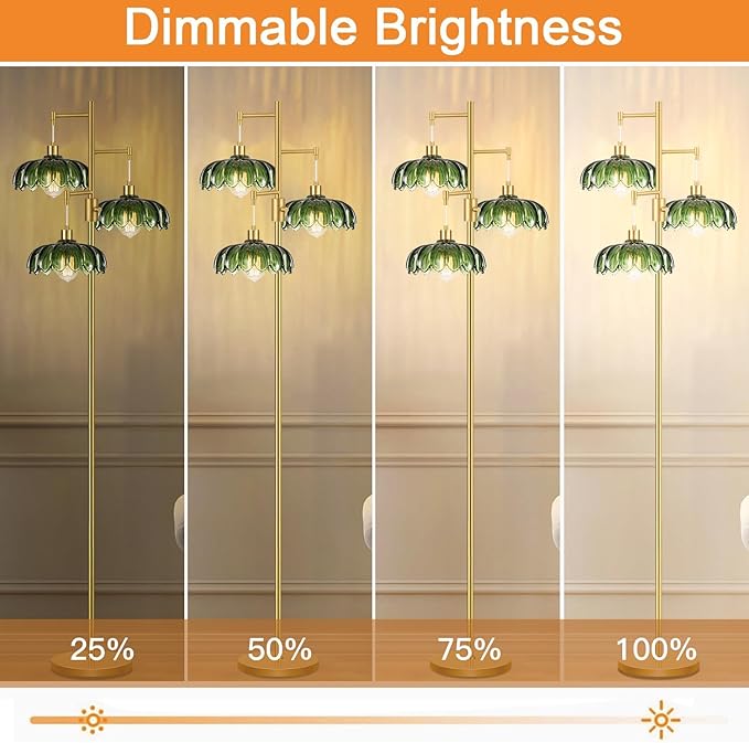 WLQCWL Vintage Floor Lamps for Living Room Bedroom-3 Light Dimmable Gold Floor Lamp with Glass Lampshape, Flower Tall Lamp Modern Mid Century Standing Lamp Green Tree Floor Lamp for Bedroom Corner