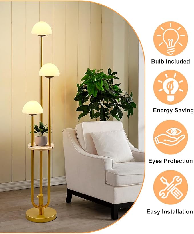 Lightdot Gold Dimmable Floor Lamp with Table, Modern Floor Lamps for Living Room, 3000K Soft Lights Tall Standing Lamp with Mushroom Shades & Bulbs for Bedroom/Office